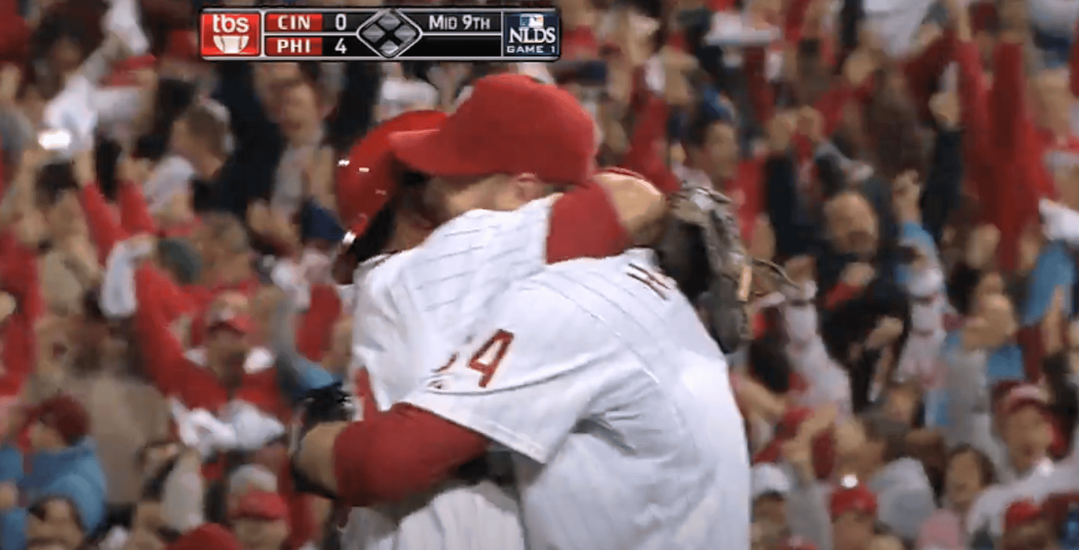 Roy Halladay pitching during his legendary playoff no-hitter in 2010.